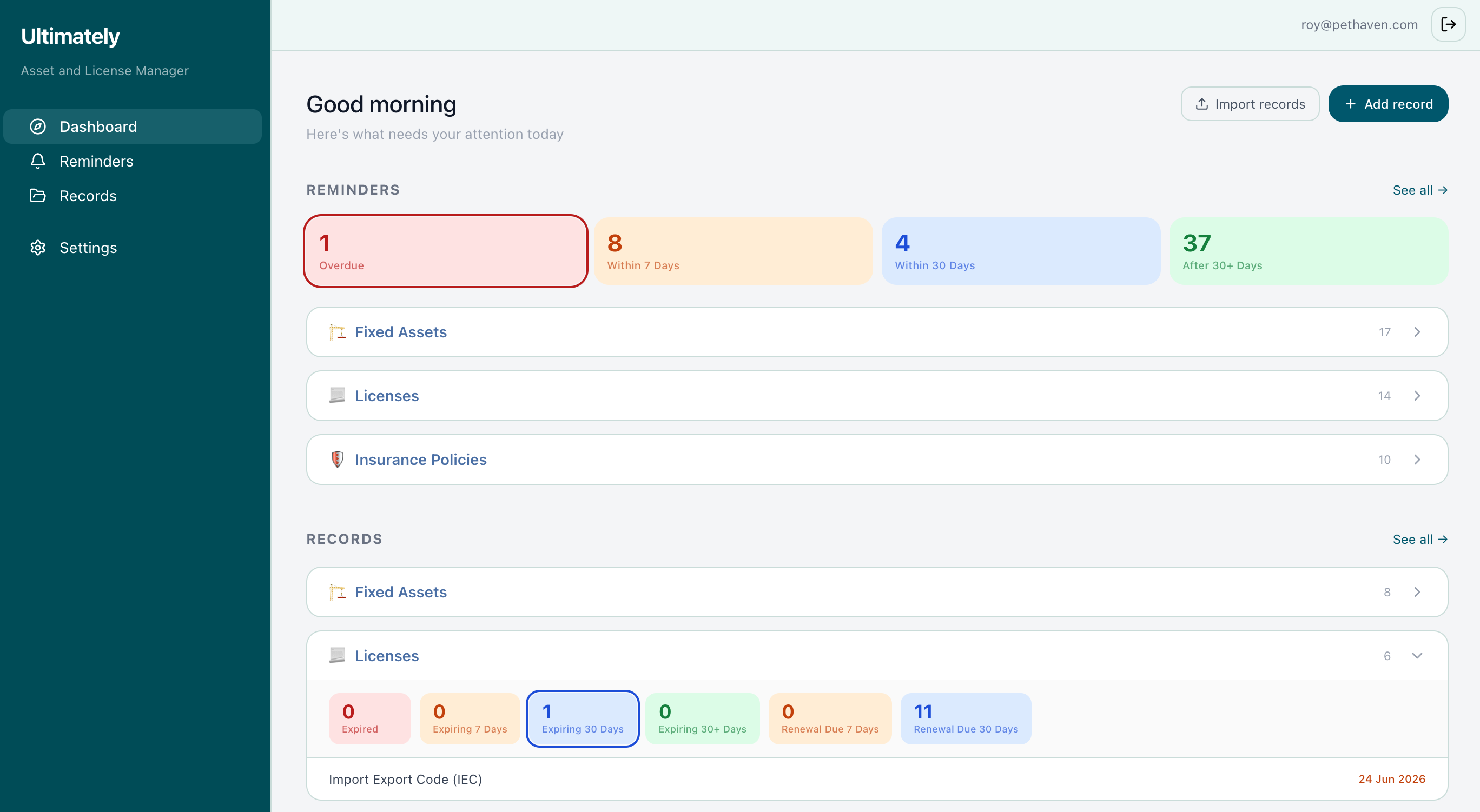 Ultimately dashboard — showing records overview, expiry alerts, and recent activity